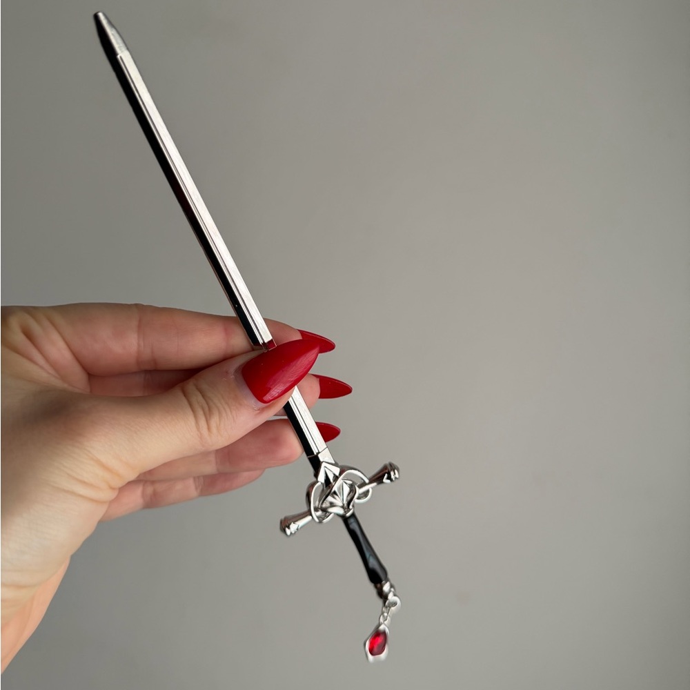 Silver Sword Hair Stick with Red Gem